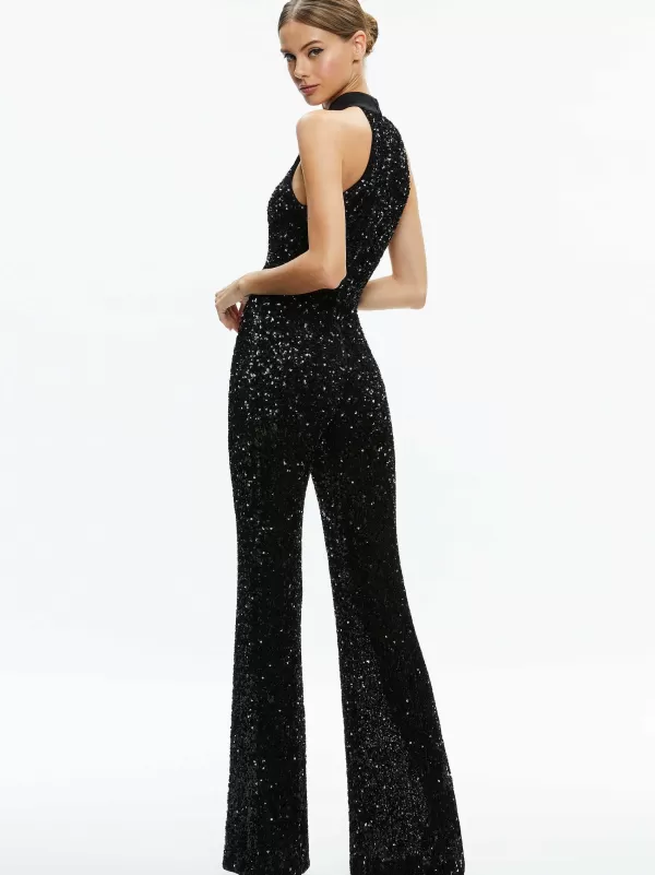 Women Alice and Olivia Cataline Sequin High Neck Wide Leg Jumpsuit