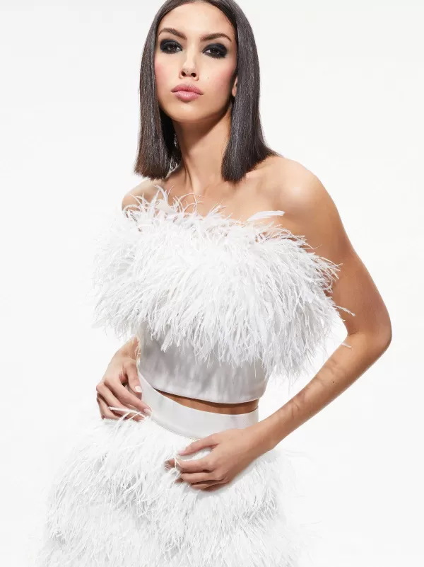 Women Alice and Olivia Ceresi Feather Top + Cina Feather Mini Skirt