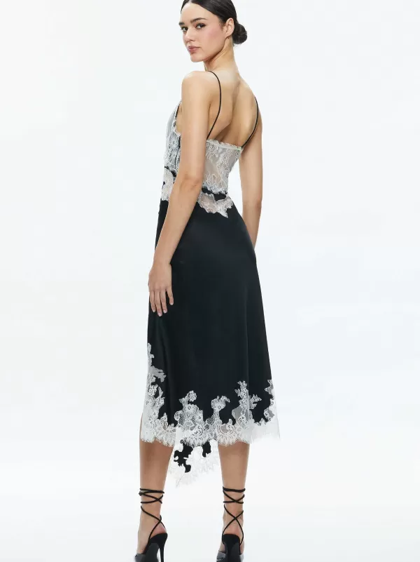 Women Alice and Olivia Daphne Lace Asymmetrical Slit Midi Dress