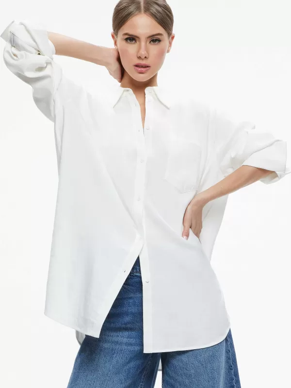 Women Alice and Olivia Finely Oversized Linen Button Down Shirt