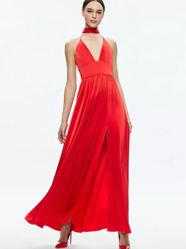 Women Alice and Olivia Hannah Deep V-Neck Scarf Maxi Dress