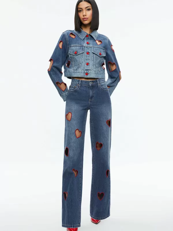 Women Alice and Olivia Jeff Heart Embroidered Cropped Denim Jacket