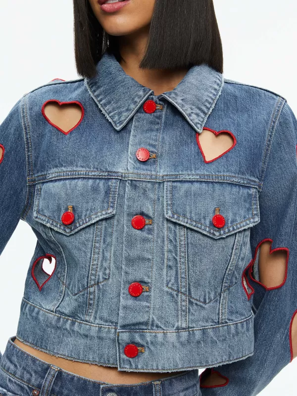 Women Alice and Olivia Jeff Heart Embroidered Cropped Denim Jacket