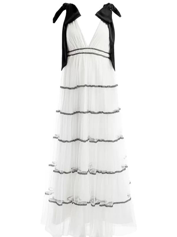 Women Alice and Olivia Jessalyn Bow Strap Tiered Maxi Gown