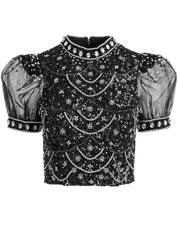 Women Alice and Olivia Kristina Embellished Puff Sleeve Crop Top