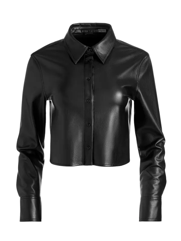 Women Alice and Olivia Leon Cropped Vegan Leather Button Down