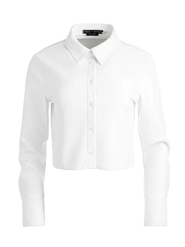 Women Alice and Olivia Leon Cropped Vegan Leather Button Down