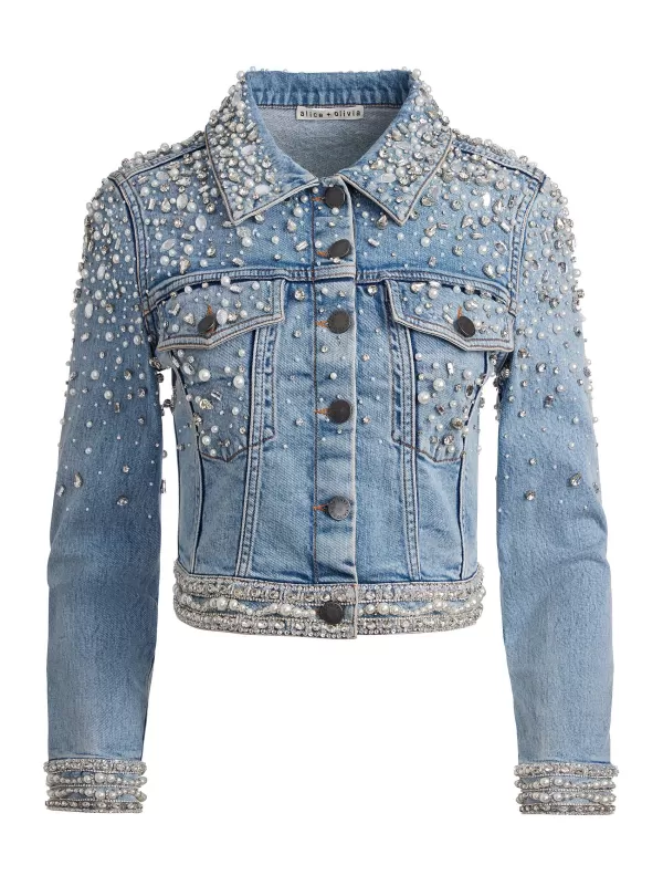 Women Alice and Olivia Nelson Embellished Fitted Denim Jacket