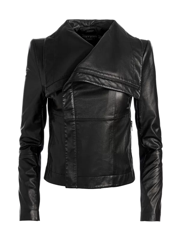 Women Alice and Olivia Nita Leather Drape Front Jacket