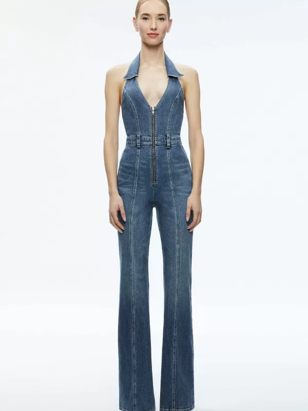 Women Alice and Olivia Noemi Halter Neck Denim Jumpsuit