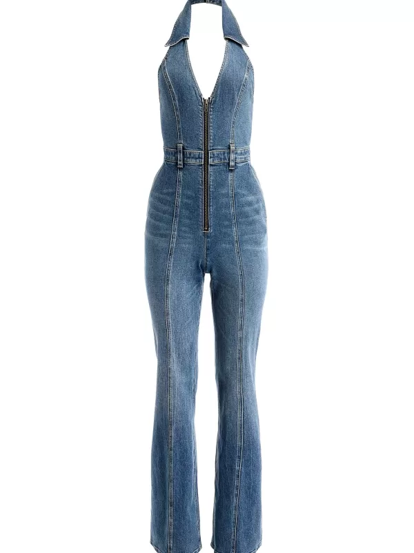 Women Alice and Olivia Noemi Halter Neck Denim Jumpsuit