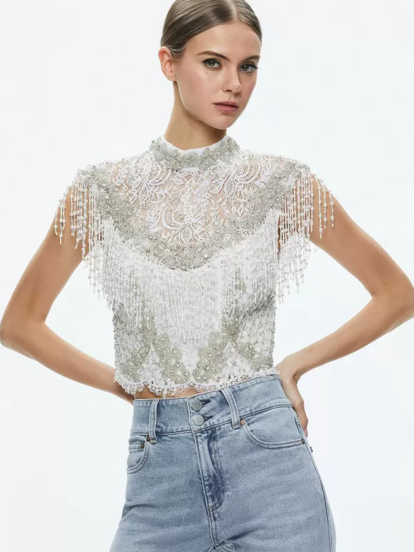 Women Alice and Olivia Pria Embellished Mock Neck Fringe Top