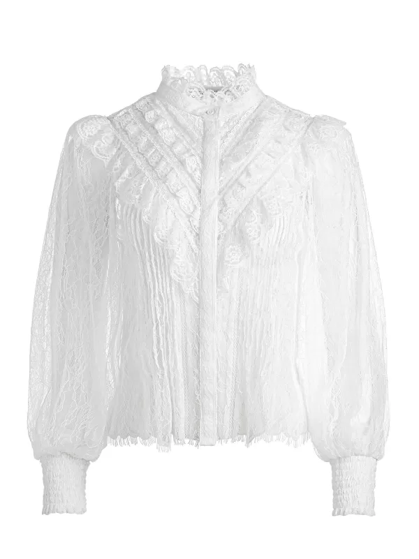 Women Alice and Olivia Rheba Mock Neck Button Front Lace Top