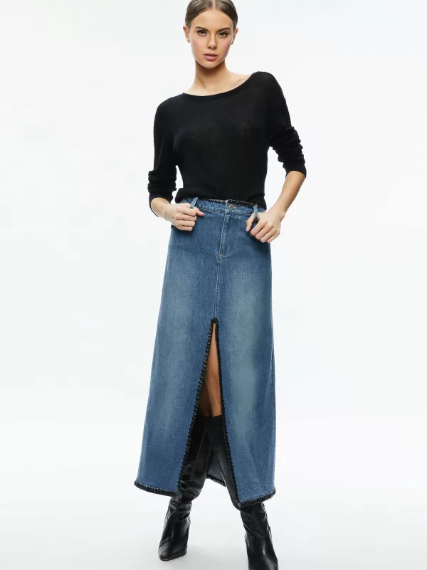 Women Alice and Olivia Rye Denim Maxi Skirt With Vegan Leather