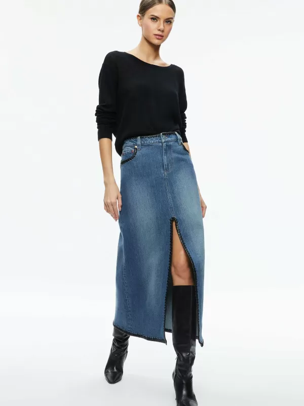 Women Alice and Olivia Rye Denim Maxi Skirt With Vegan Leather