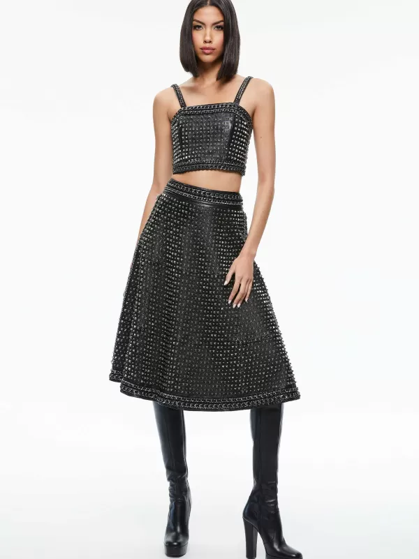 Women Alice and Olivia Sosie Studded Leather Midi Skirt